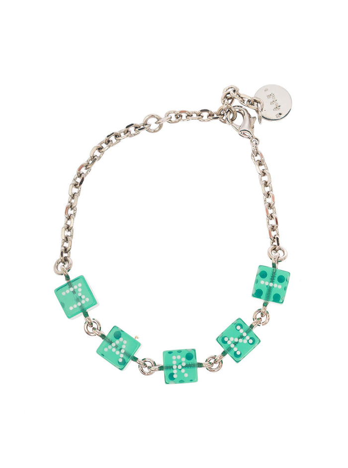 Silver-Colored Bracelet With Branded Dice Charm Brass Woman Green Resin