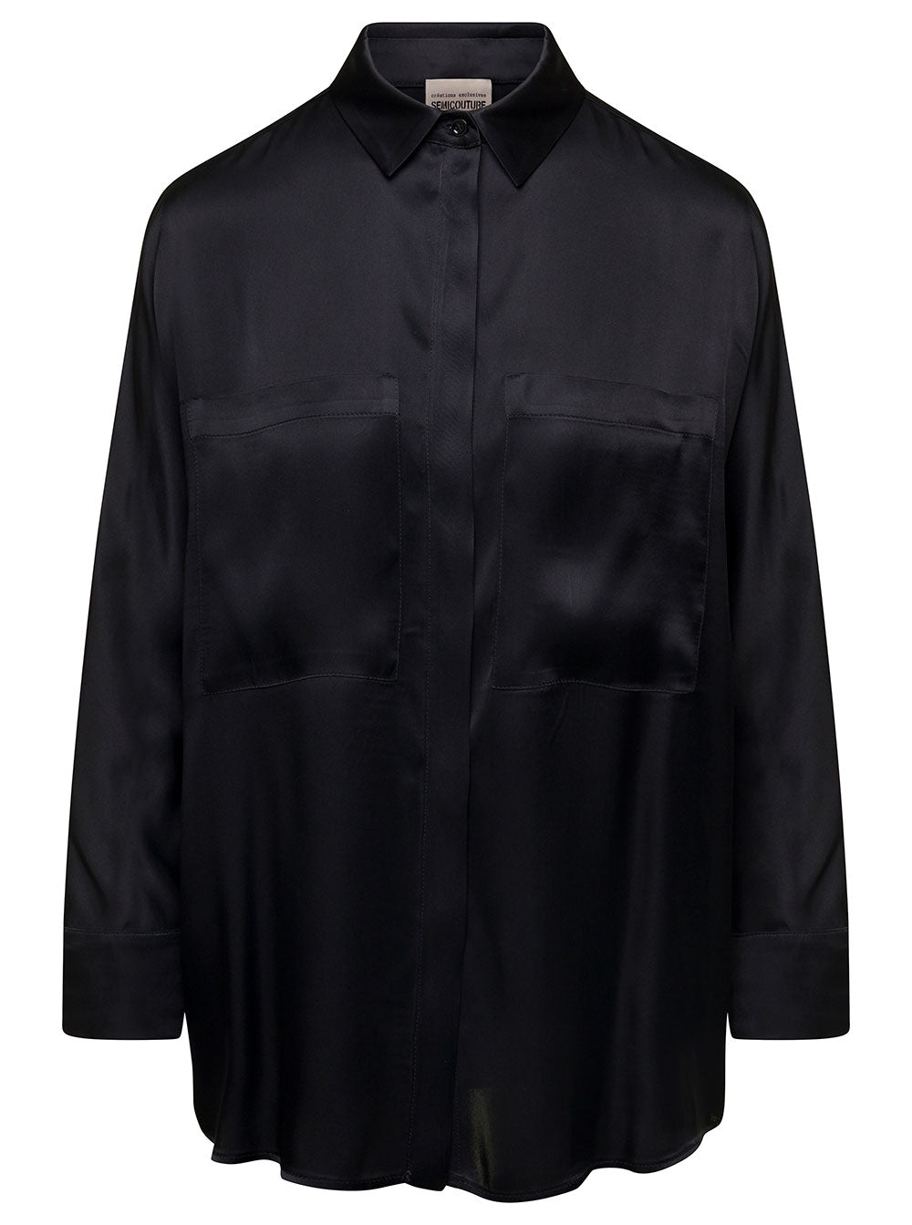 Black Satin Shirt With Patch Pockets Silk Blend Woman Acetate And Blouses