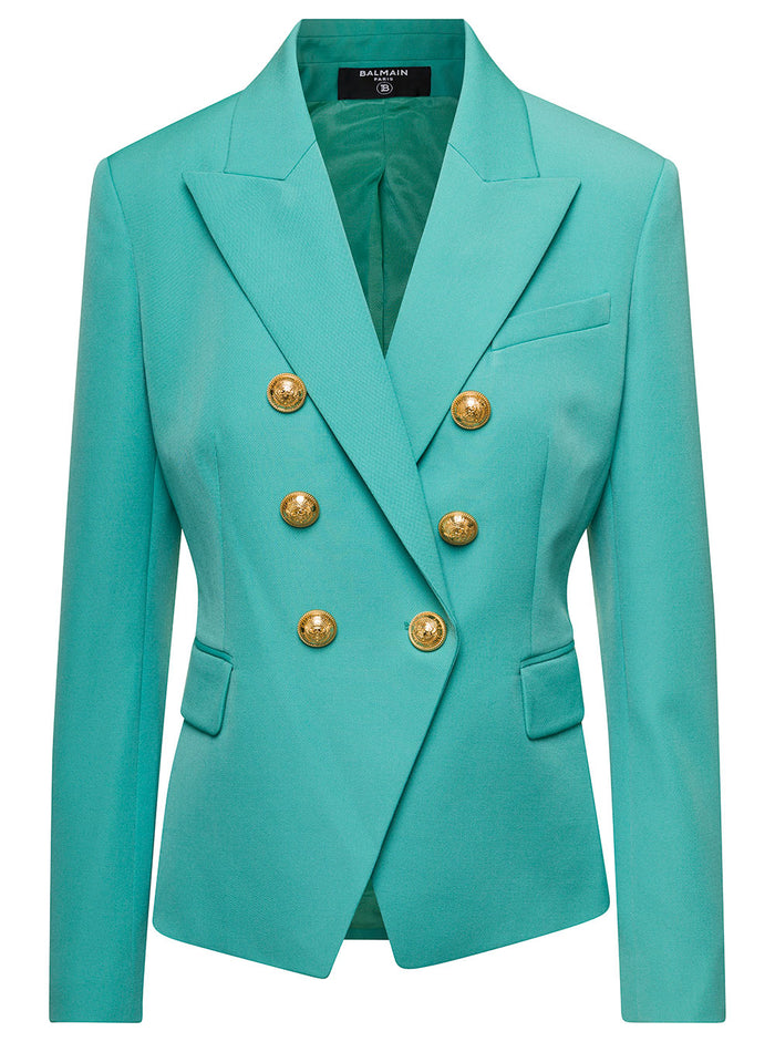 Turquoise Double Breasted Blazer With Golden Buttons Wool Woman Green Blazers