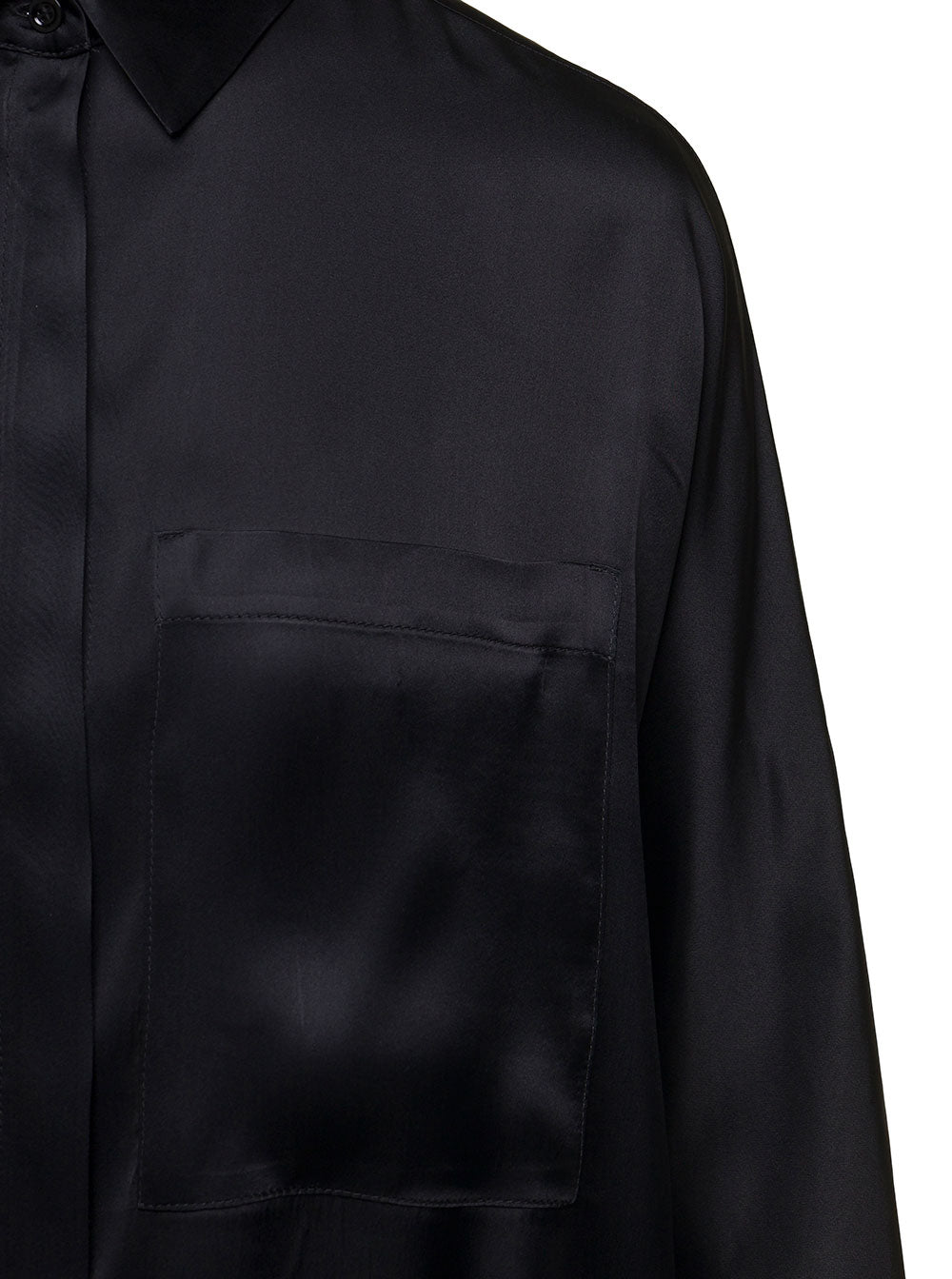 Black Satin Shirt With Patch Pockets Silk Blend Woman Acetate And Blouses