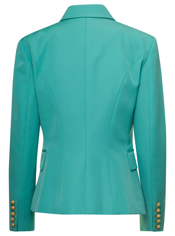Turquoise Double Breasted Blazer With Golden Buttons Wool Woman Green Blazers