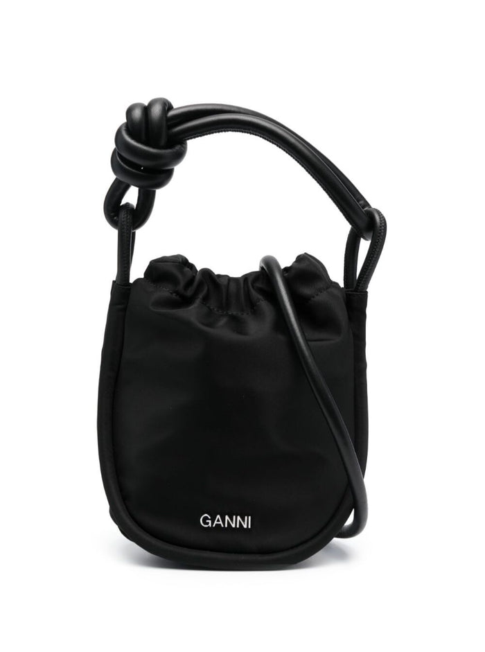 Small Knot Black Bucket Bag With Logo Detail Recycled Nylon Woman Shoulder