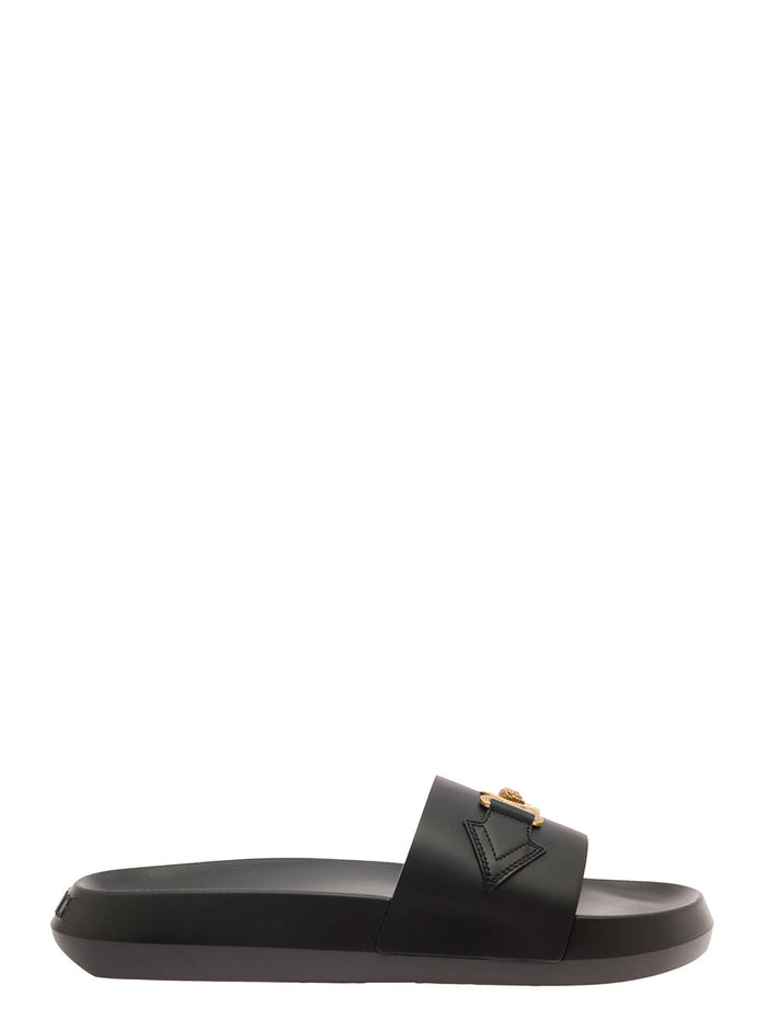 Black Moulded Footbed Slides With Medusa Head Plaque Leather Man Calf Flat Shoes