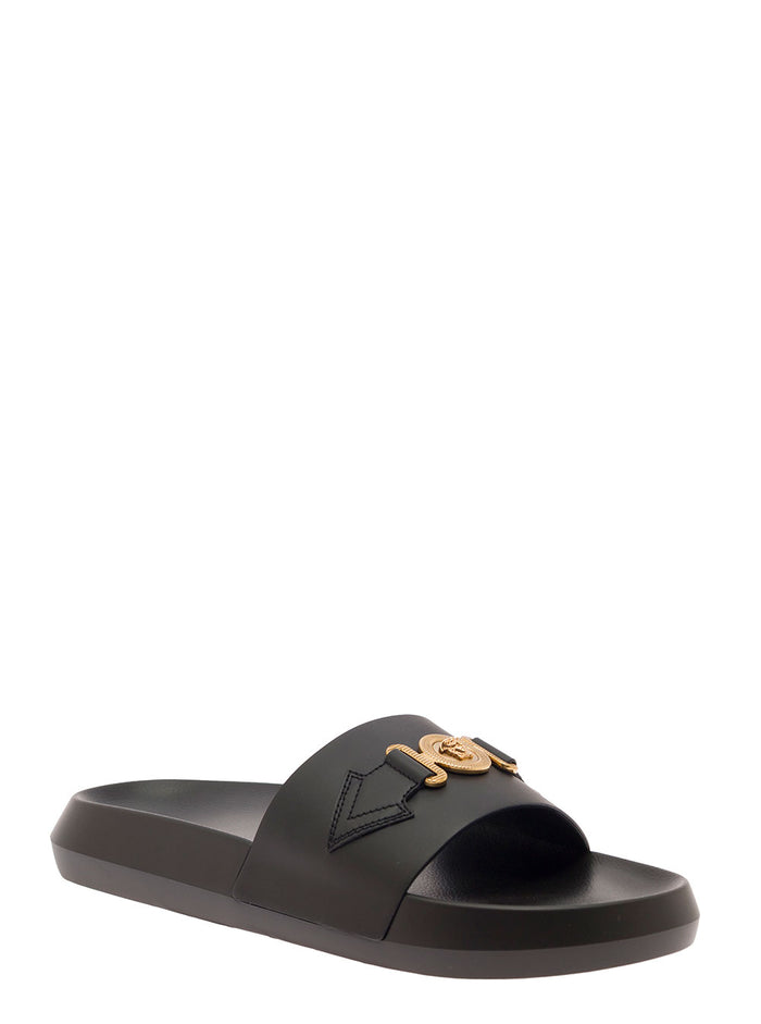 Black Moulded Footbed Slides With Medusa Head Plaque Leather Man Calf Flat Shoes