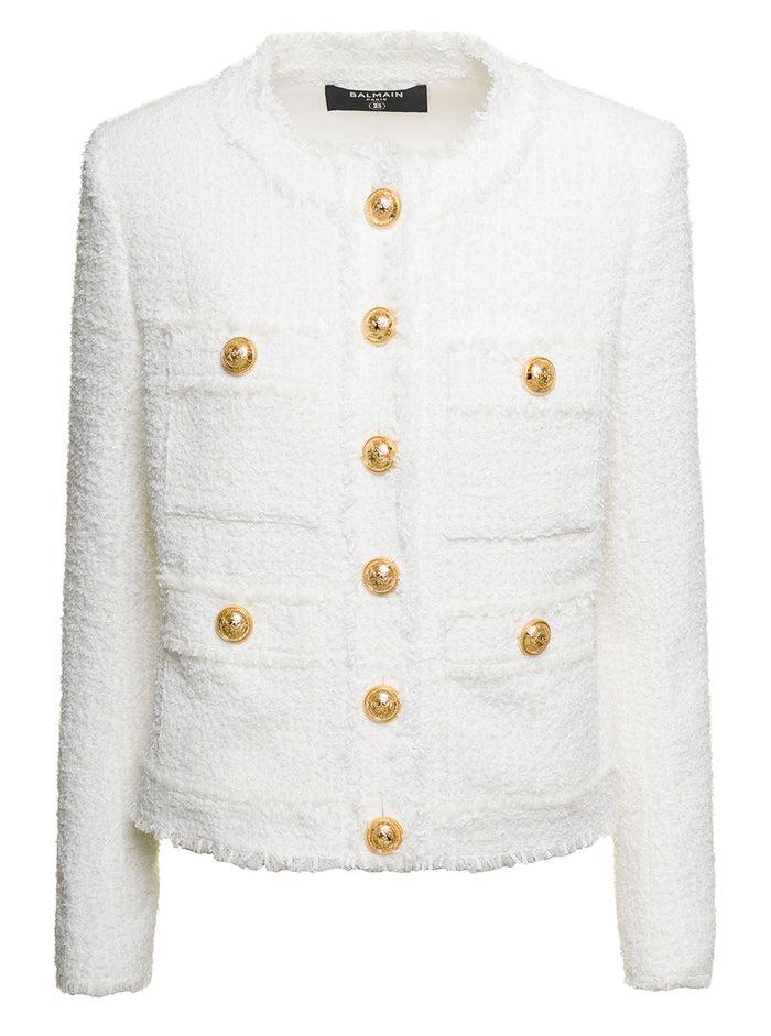 White Single-Breasted Collarless Jacket With Gold-Colored Buttons Tweed Woman Polyamide Virgin Wool Cotton Blazers