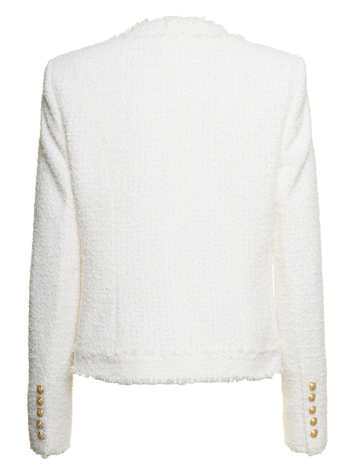 White Single-Breasted Collarless Jacket With Gold-Colored Buttons Tweed Woman Polyamide Virgin Wool Cotton Blazers