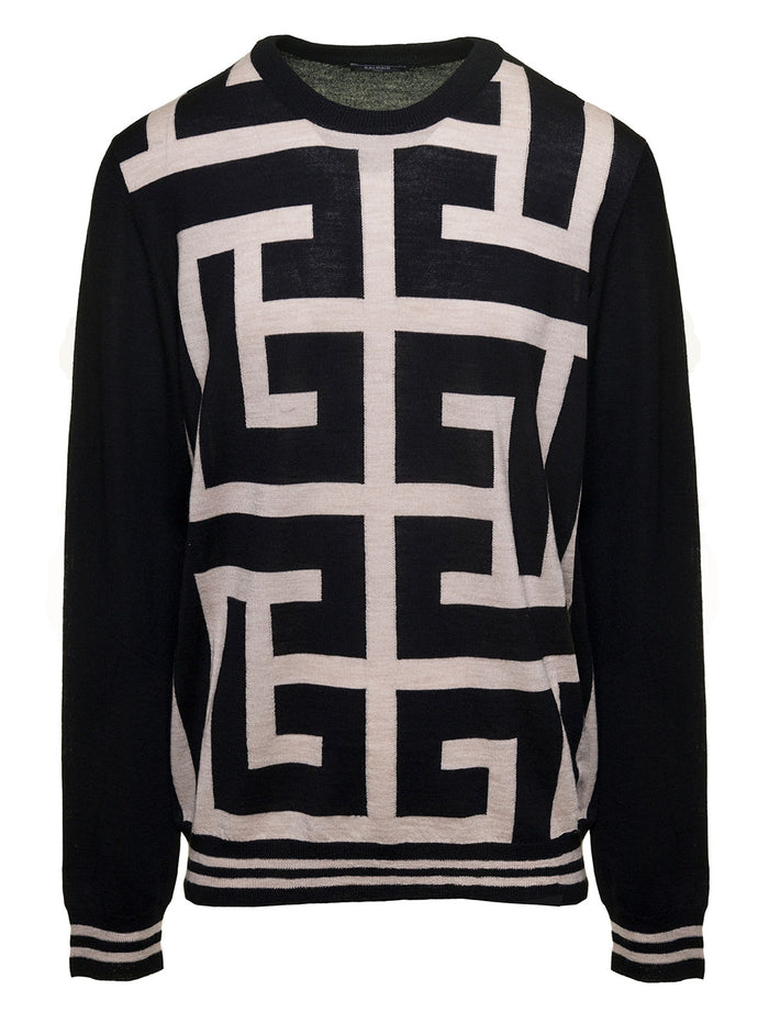 Black Sweater With Maxi Monogram Wool Man Merino Jersey