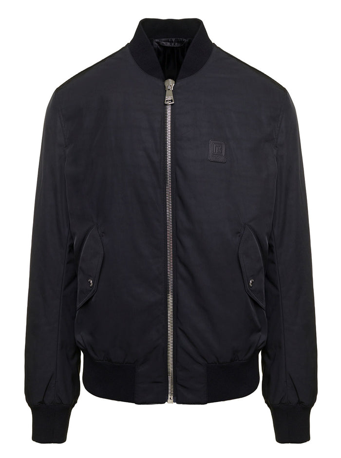 Black Bomber Jacket With Tonal Logo Patch And Lettering Print Nylon Man Polyester