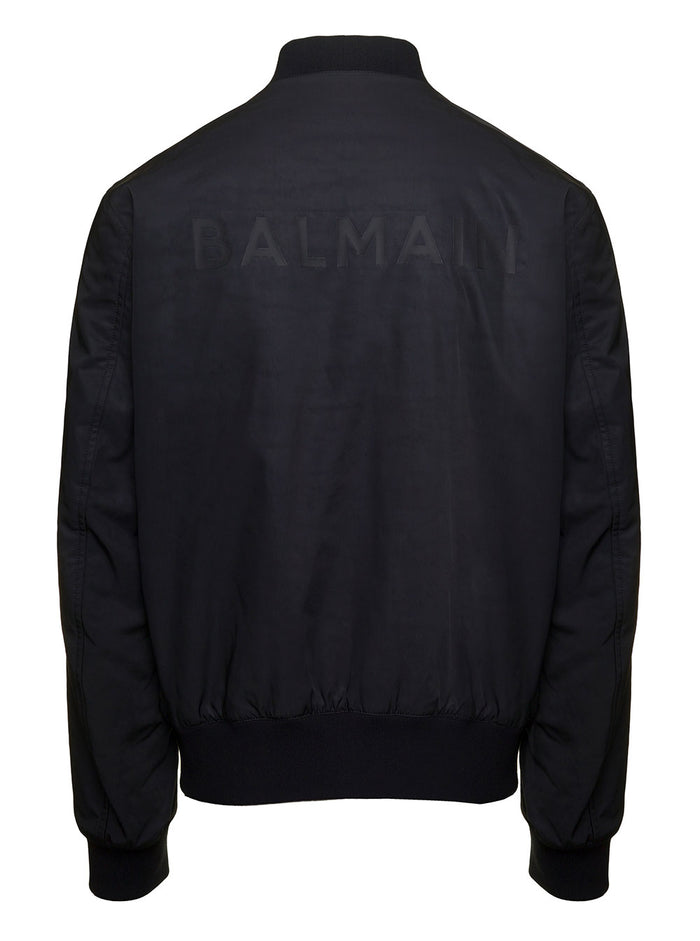 Black Bomber Jacket With Tonal Logo Patch And Lettering Print Nylon Man Polyester