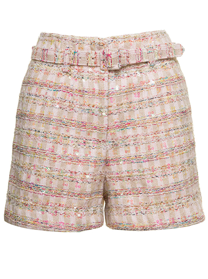 Pink Shorts With Matching Belt And Paillettes Tweed Woman Polyester Bermuda