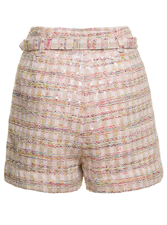 Pink Shorts With Matching Belt And Paillettes Tweed Woman Polyester Bermuda