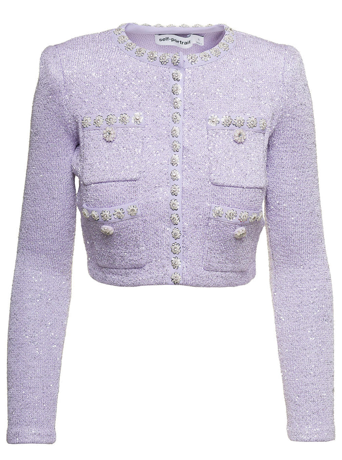 Liliac Short Knit Cardigan With All-Over Paillettes And Jewel Buttons Cotton Blend Woman Violet Polyester Wool Jersey
