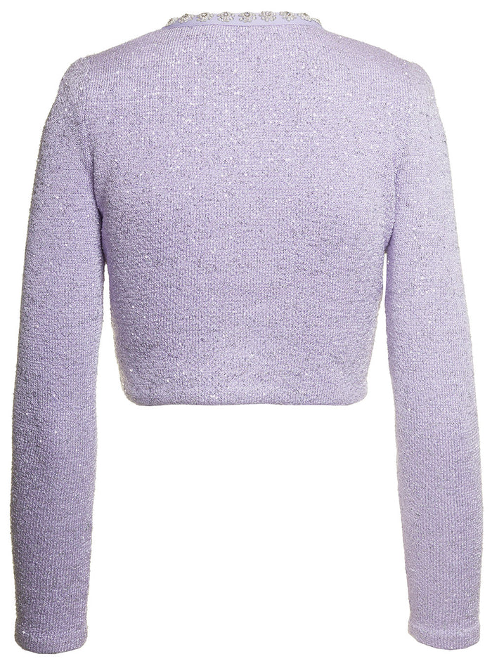 Liliac Short Knit Cardigan With All-Over Paillettes And Jewel Buttons Cotton Blend Woman Violet Polyester Wool Jersey