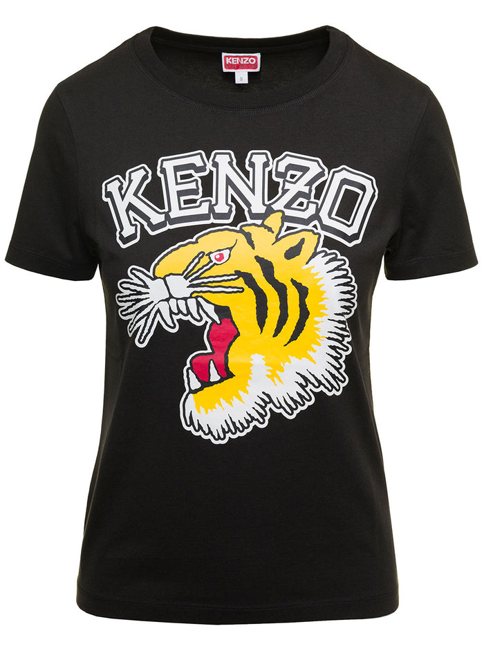 Black T-Shirt With Tiger Logo Print Cotton Woman Tshirts And Polo Shirts