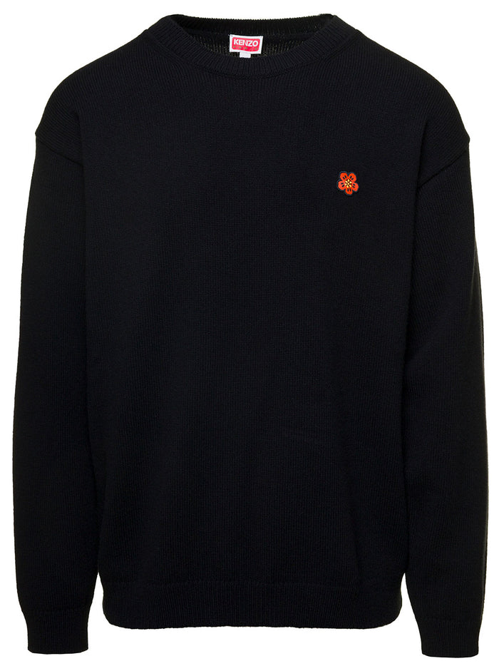 Black Sweatshirt With Boke Flower Print Wool Man Jersey