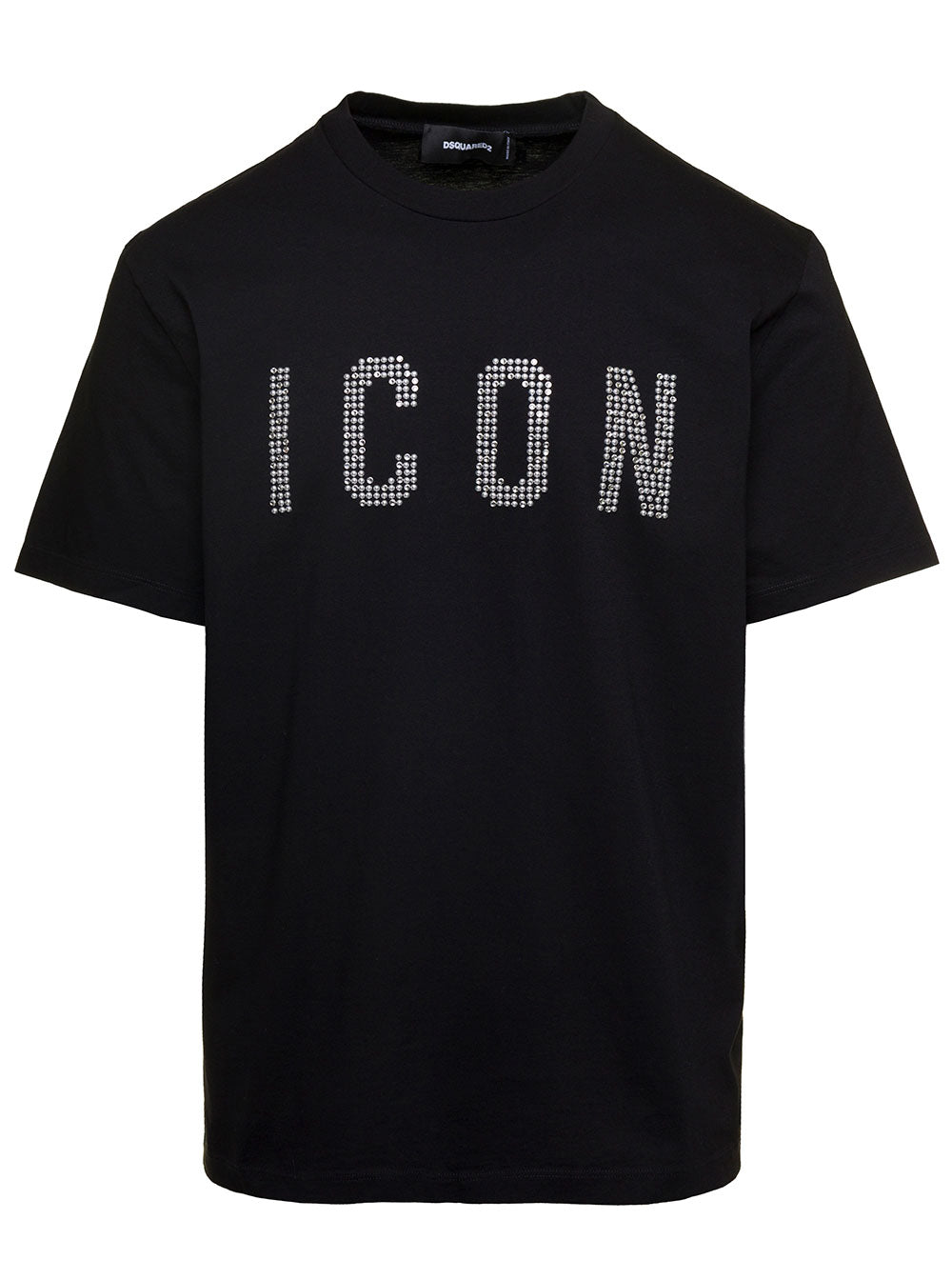 Black Crewneck T-Shirt With Studded Icon Detail Cotton Man Tshirts And Polo Shirts