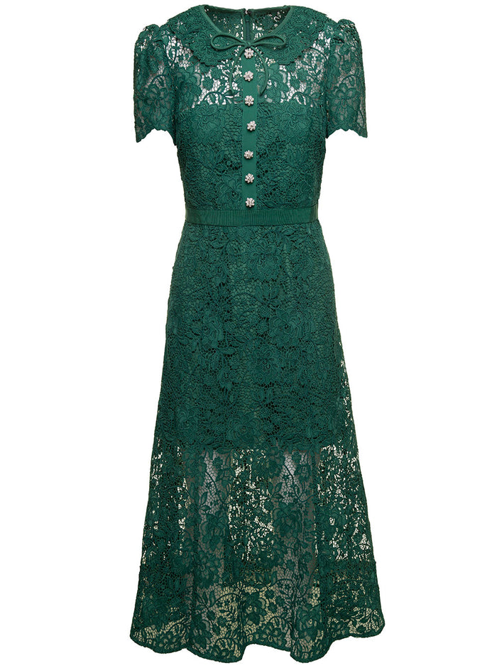Long Green Dress With Peter-Pan Collar And Jewels Buttons Lace Woman Polyester Polyamide