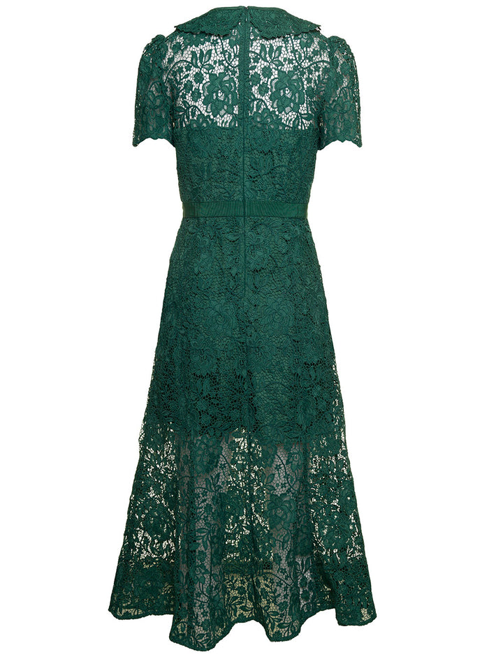 Long Green Dress With Peter-Pan Collar And Jewels Buttons Lace Woman Polyester Polyamide