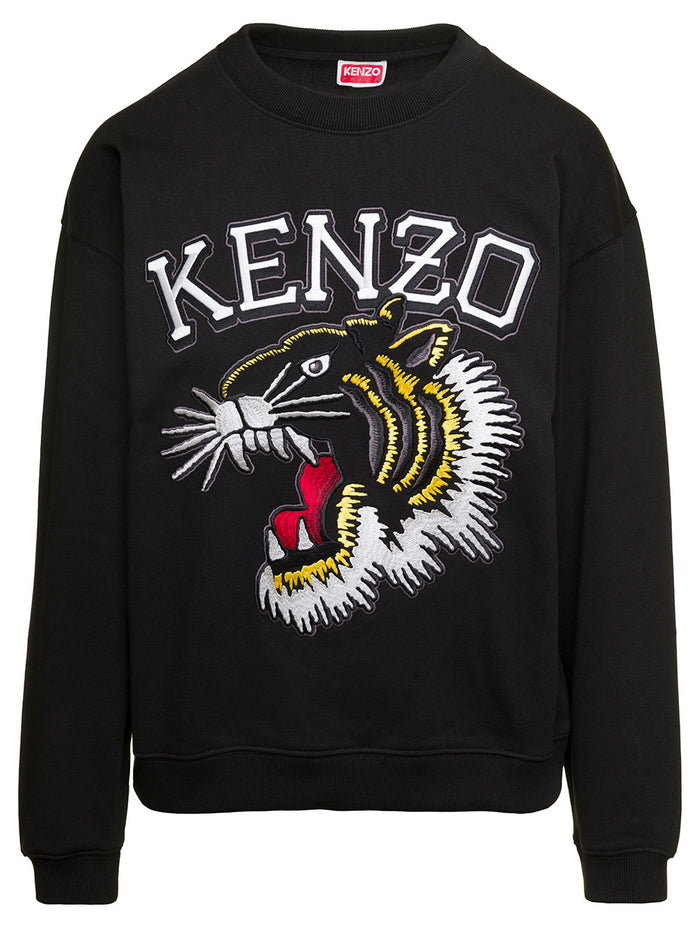 Black Crewneck Sweatshirt With Tiger Print Cotton Woman Sweatshirts