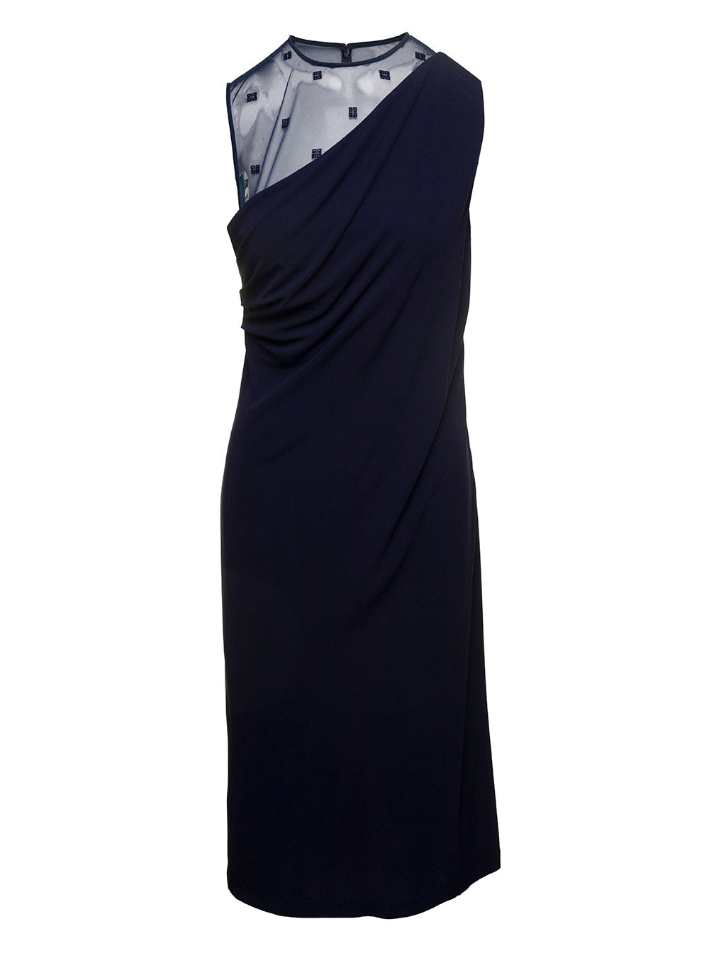 Midi Blue Sleeveless Draped Dress With 4g Plumentis Trasparent Tulle Viscose Woman Blu