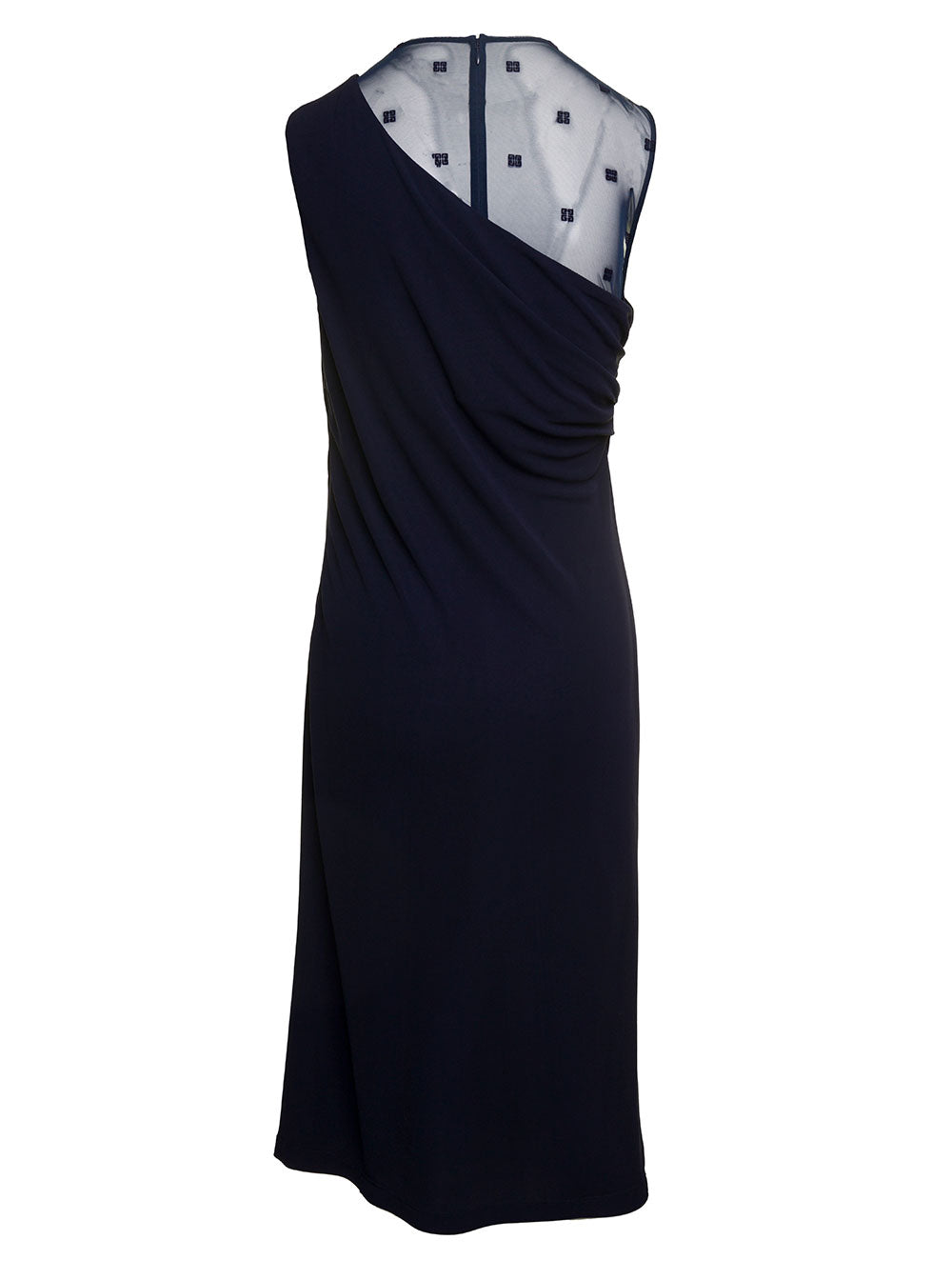 Midi Blue Sleeveless Draped Dress With 4g Plumentis Trasparent Tulle Viscose Woman Blu