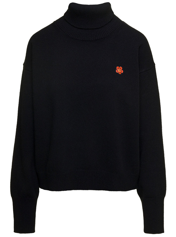 Black Turtleneck Sweater With Boke Flower Embroidery Wool Woman Jersey