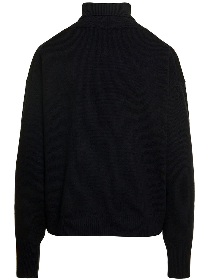 Black Turtleneck Sweater With Boke Flower Embroidery Wool Woman Jersey