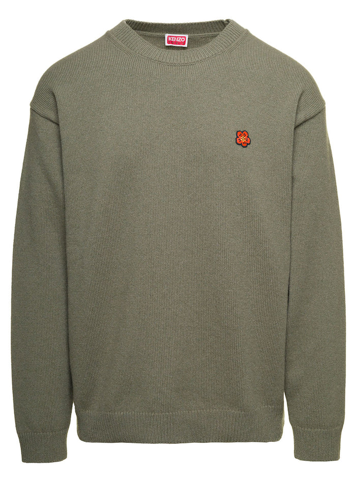 Dark Green Sweatshirt With Boke Flower Print Wool Man Jersey