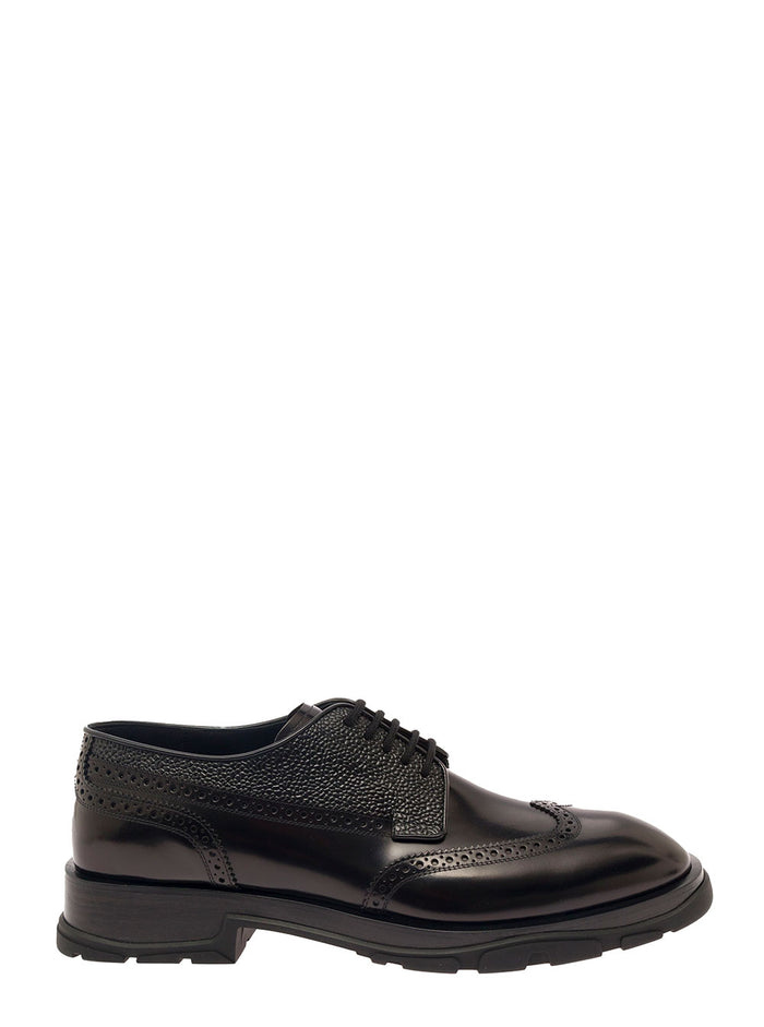 Black Lace-Up Shoes With Quarter-Brogue Detail Leather Man Calf Lace