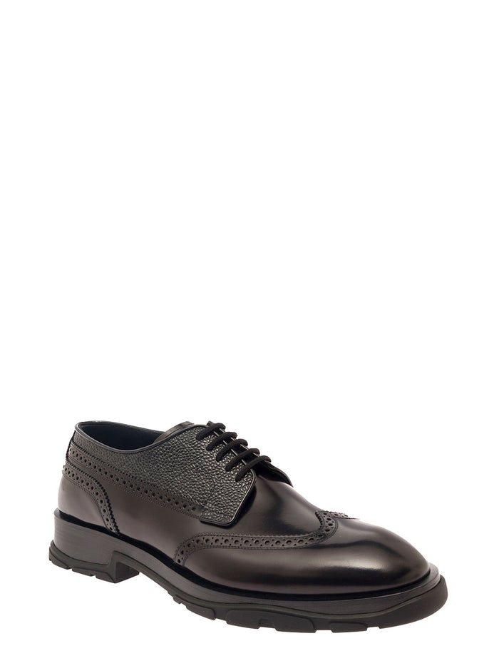 Black Lace-Up Shoes With Quarter-Brogue Detail Leather Man Calf Lace