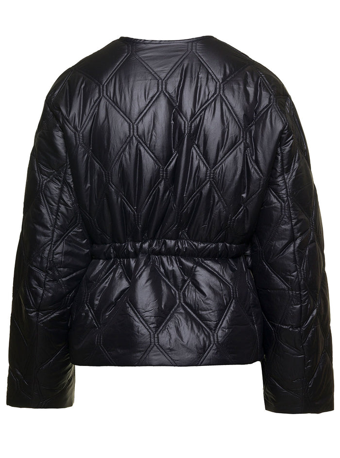 Short Black Down Jacket With Tie Sides Recycled Nylon Woman