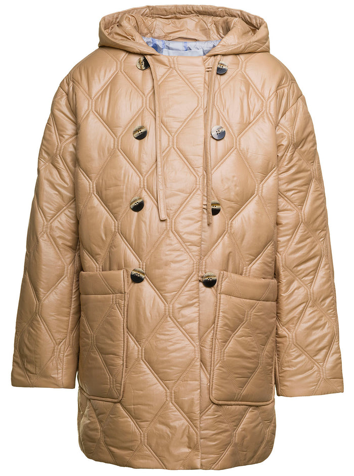 Beige Quilted Down Jacket With Hood Recycled Nylon Woman