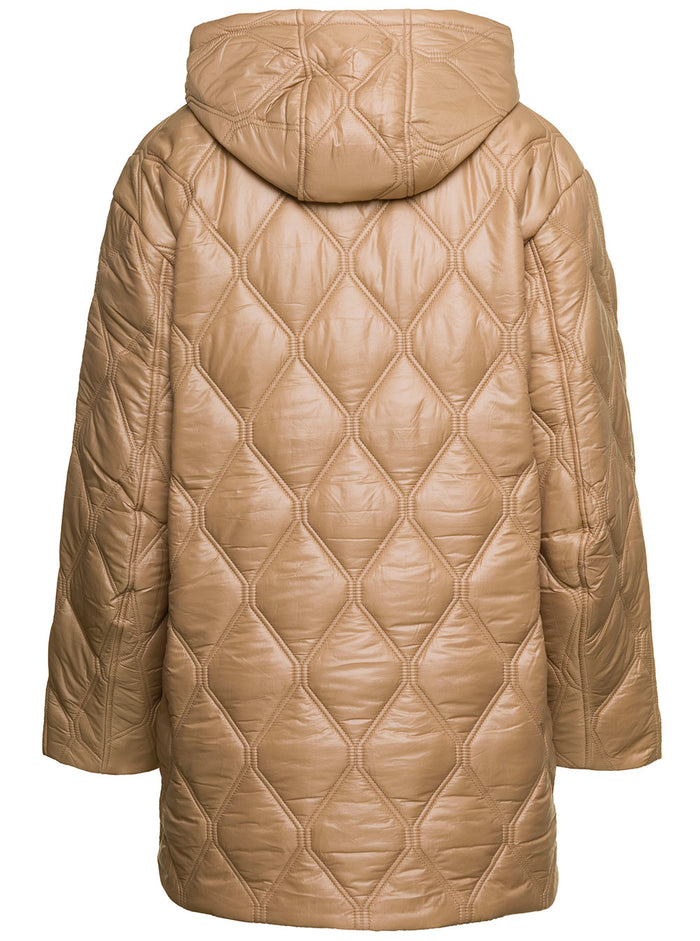 Beige Quilted Down Jacket With Hood Recycled Nylon Woman