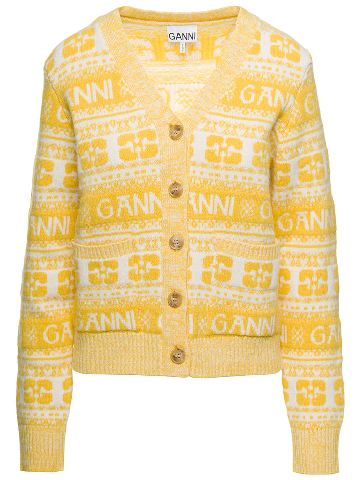 Yellow Cardigan With Logo Motif Jacquard Wool Blend Woman Jersey