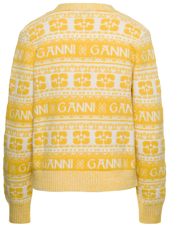 Yellow Cardigan With Logo Motif Jacquard Wool Blend Woman Jersey