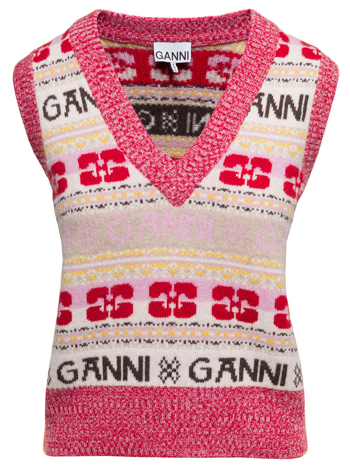 Multicolor Vest With Jacquard Logo Motif Wool Blend Woman Jersey