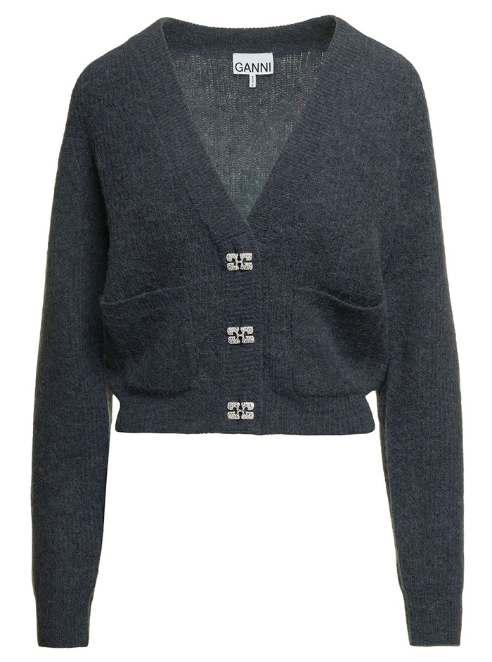 Grey Cardigan With Rhinestone Branded Buttons Alpaca E Merino Blend Woman Jersey