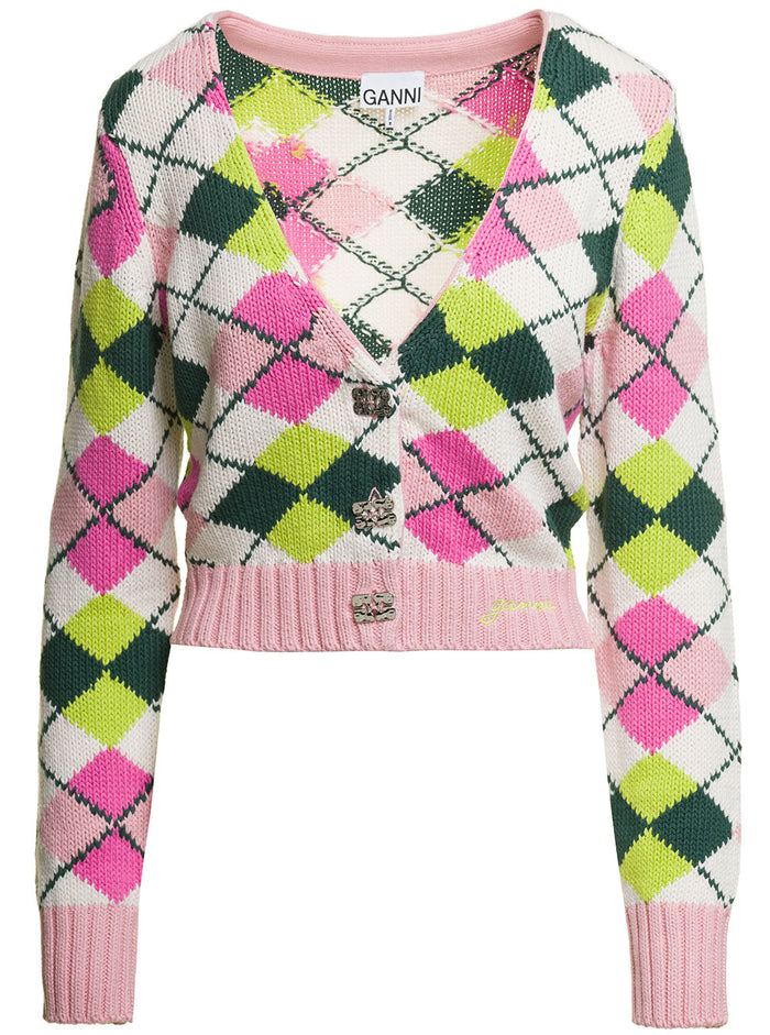 Multicolor Cardigan With Jacquard Graphic And Branded Rhinestone Buttons Cotton Woman Organic Jersey