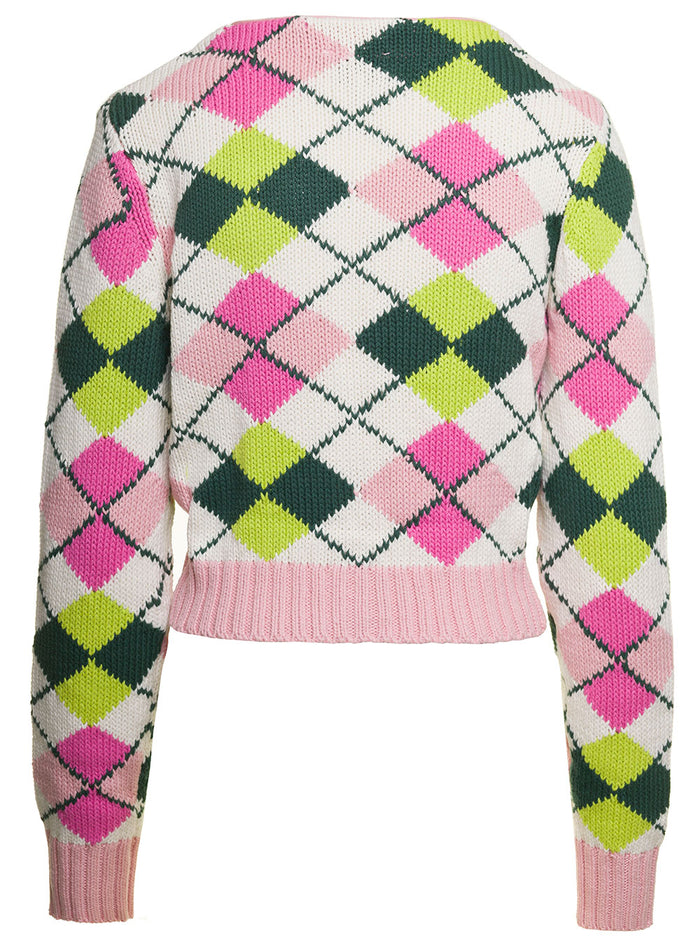 Multicolor Cardigan With Jacquard Graphic And Branded Rhinestone Buttons Cotton Woman Organic Jersey