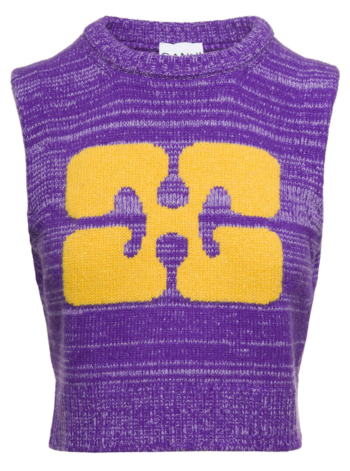 Purple Sleeveless Crewneck Vest With Yellow Jacquard Logo Wool Blend Woman Violet Jersey