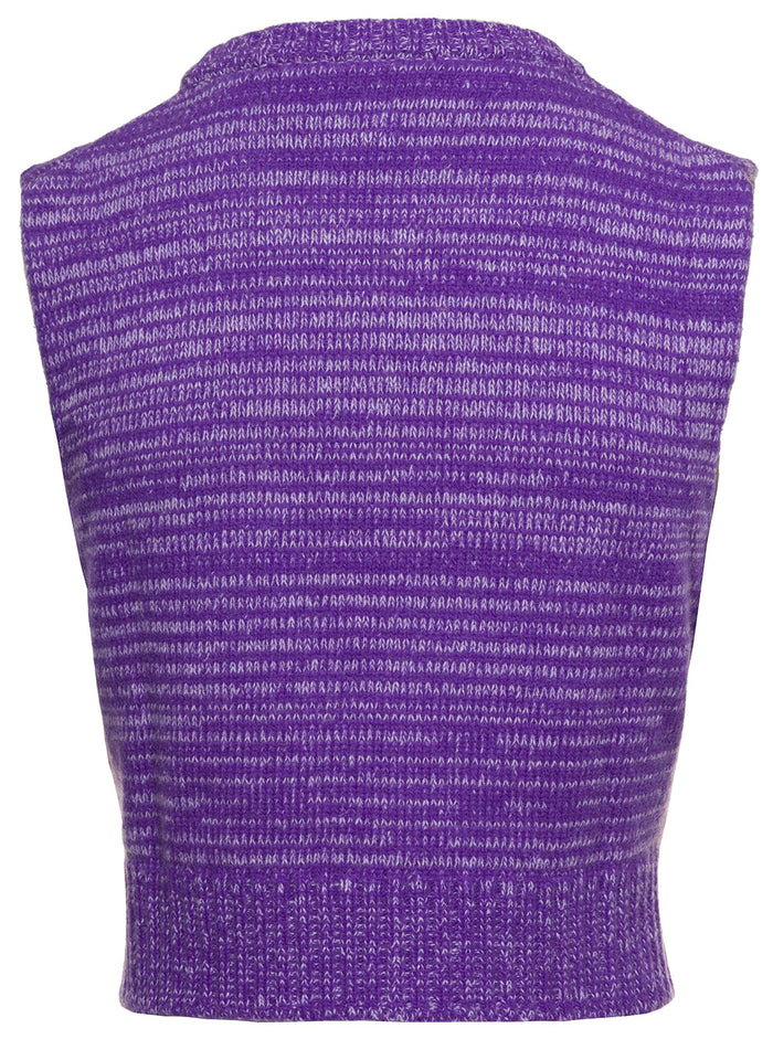 Purple Sleeveless Crewneck Vest With Yellow Jacquard Logo Wool Blend Woman Violet Jersey