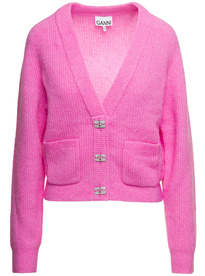 Pink Cardigan With Rhinestone Branded Buttons Alpaca E Merino Blend Woman Jersey