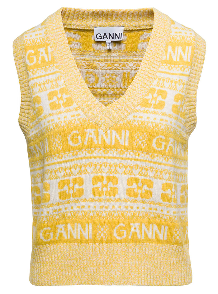 Yellow Vest With Jacquard Logo Motif Wool Blend Woman Jersey