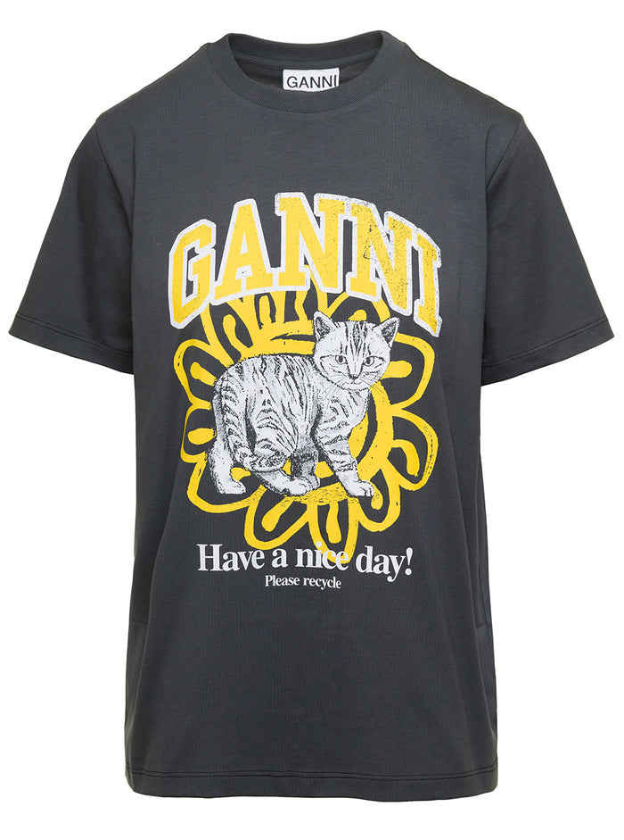 Dark Grey T-Shirt With Have A Nice Day Cat Logo Print Organic Cotton Woman Black Tshirts And Polo Shirts
