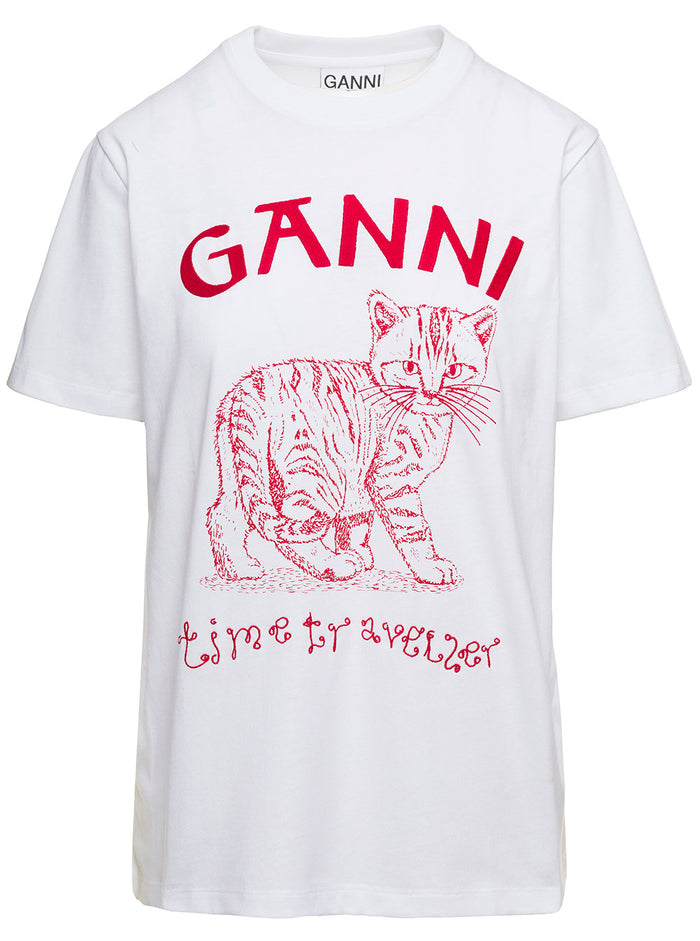 White T-Shirt With Time Traveller Cat Logo Print Organic Cotton Woman Tshirts And Polo Shirts