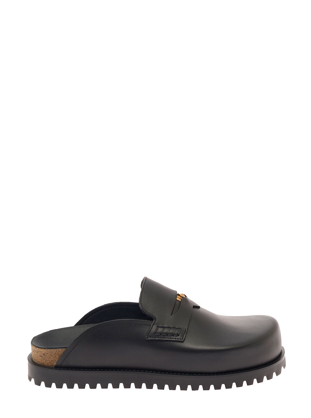 Medusa Mules Black Leather Man Calf Flat Shoes