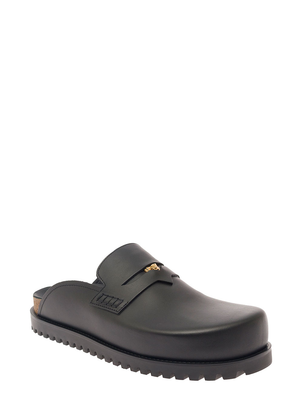 Medusa Mules Black Leather Man Calf Flat Shoes