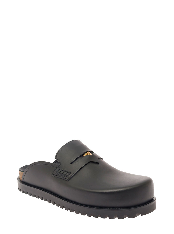 Medusa Mules Black Leather Man Calf Flat Shoes