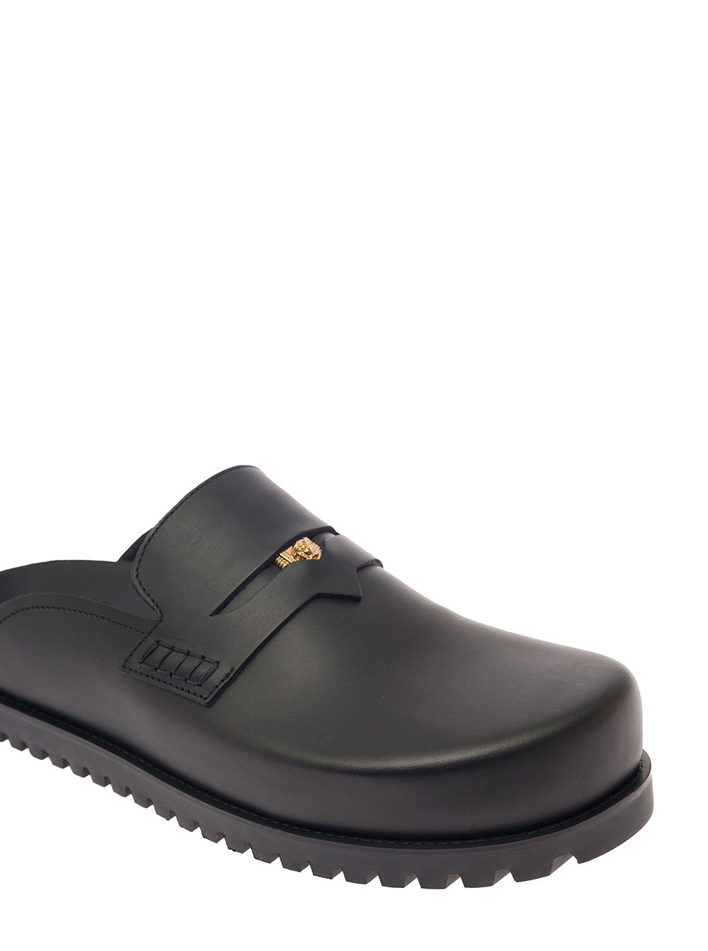 Medusa Mules Black Leather Man Calf Flat Shoes