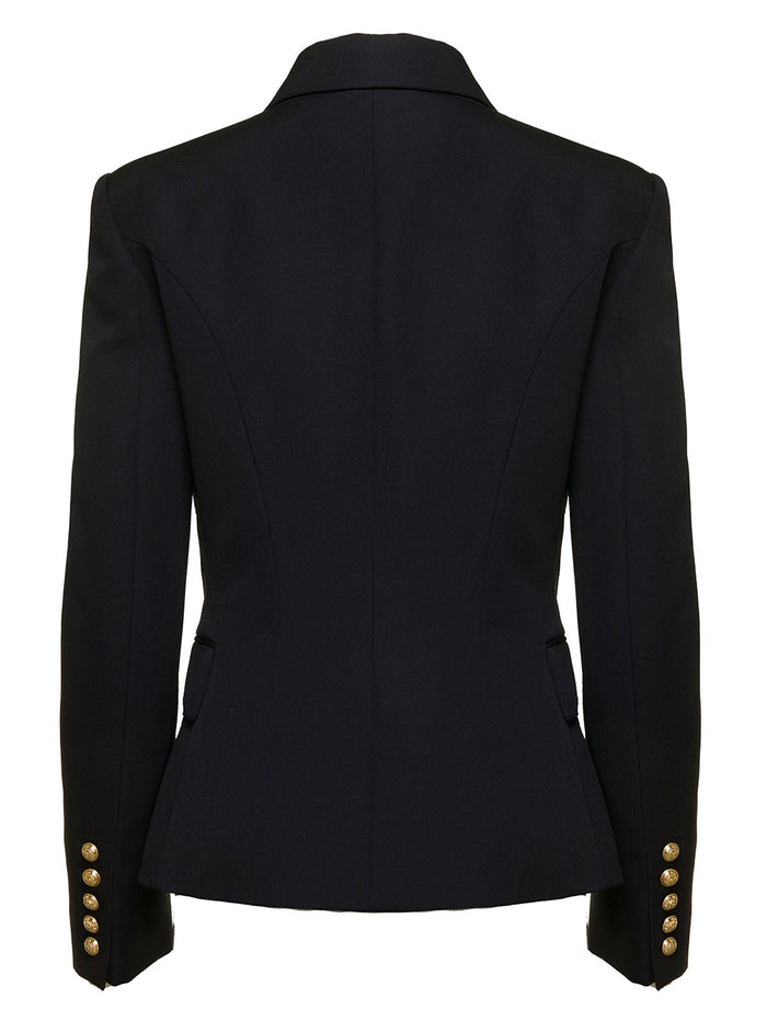 Black Double-Breasted Jacket With Branded Buttons And Asymmetric Cut Wool Woman Blazers